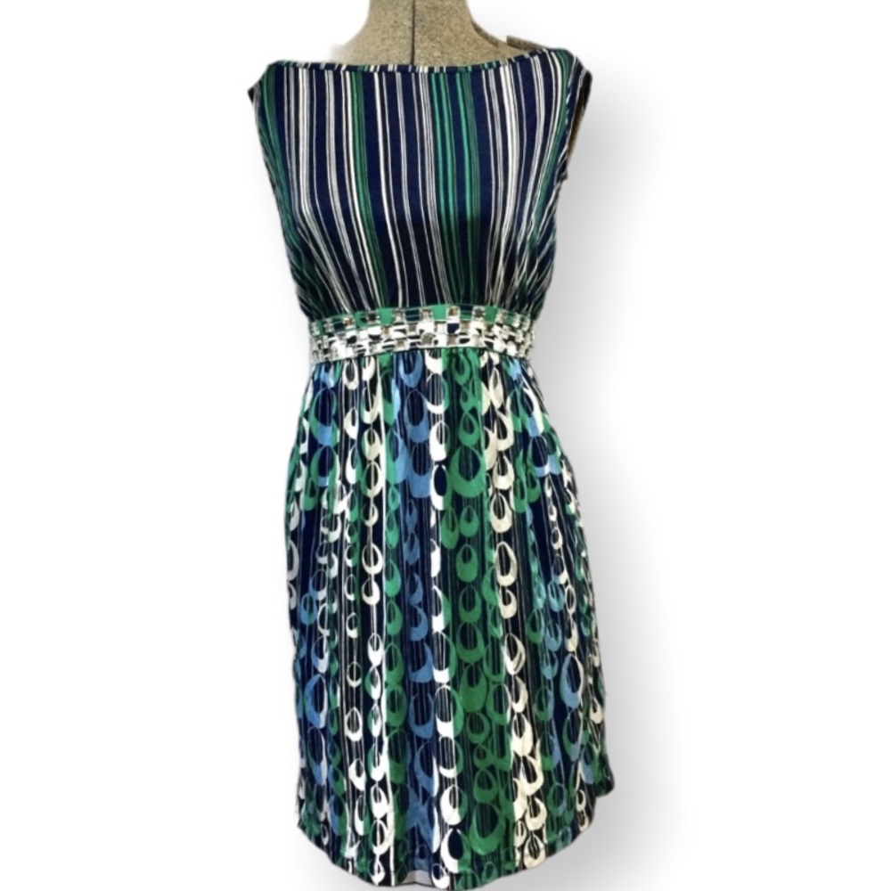 Bebe green striped Stone trim waist dress S